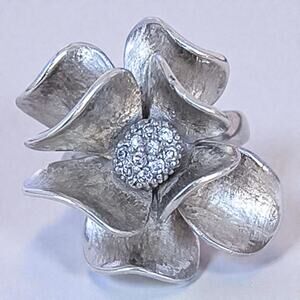 Vintage Sterling Silver 3D Flower Ring Statement Cocktail CZ Large Petals 925